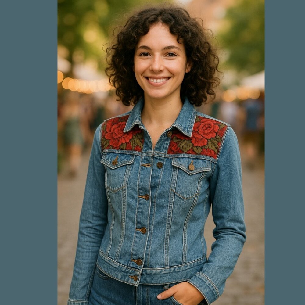 H&M Upcycled Denim Jacket with Red Rose Tapestry Hand Crafted
